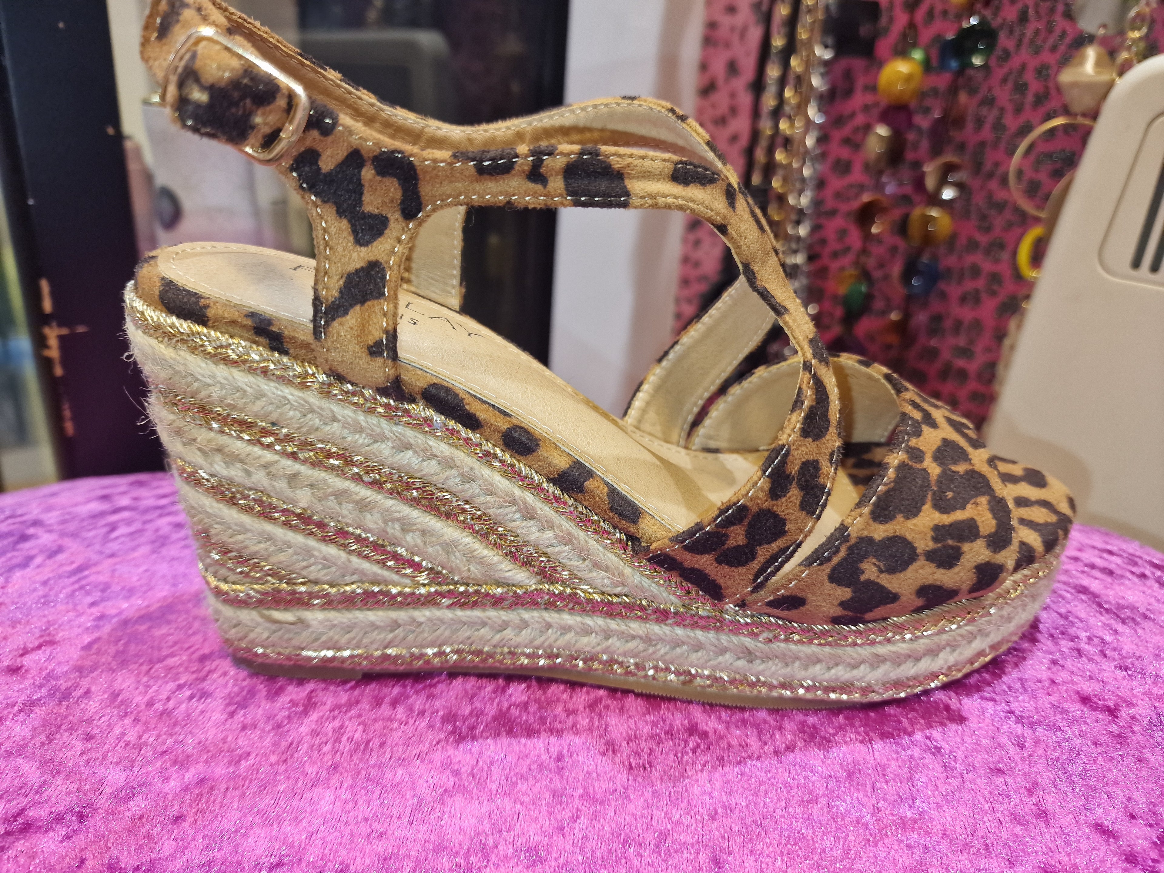 Animal print suede wedges